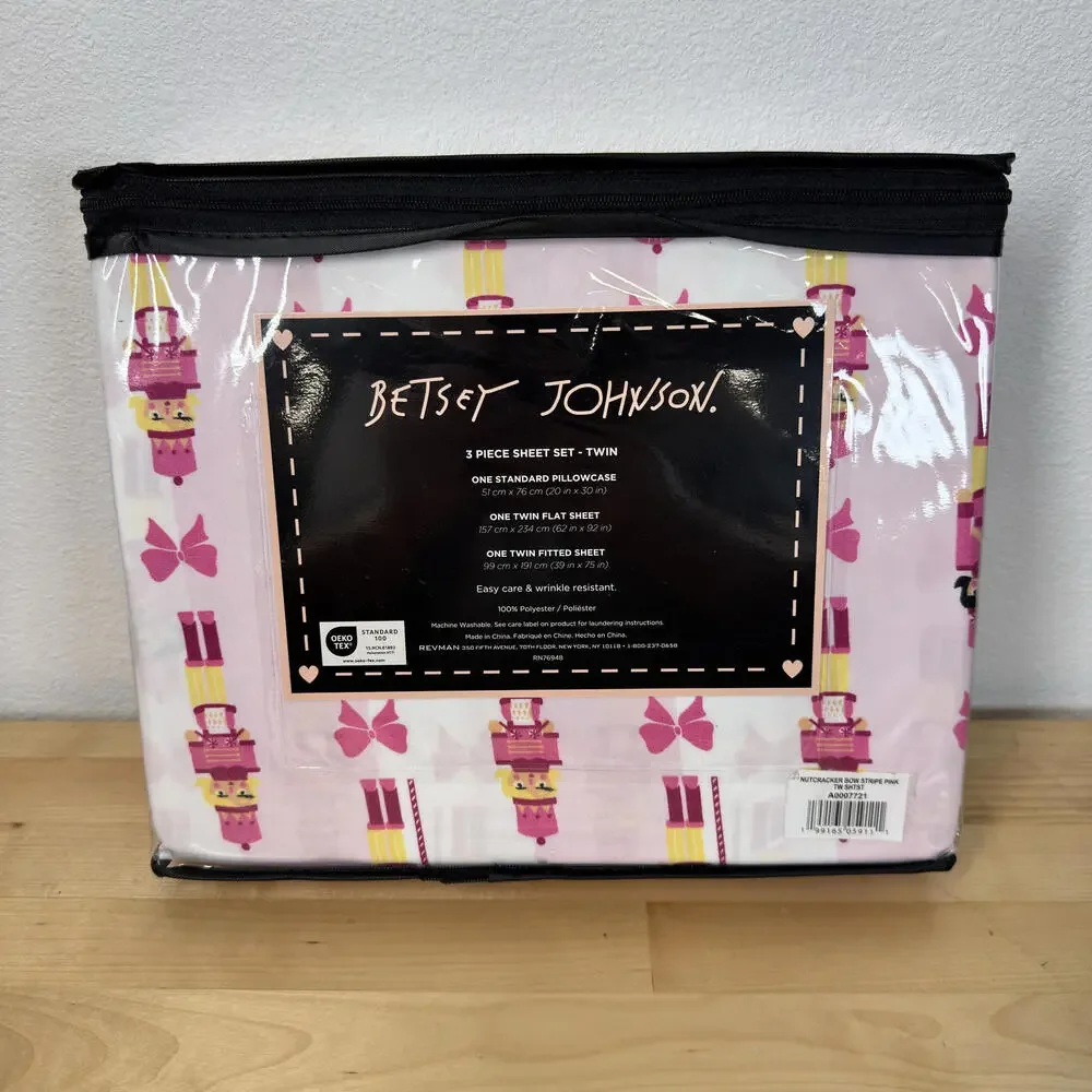 Betsey Johnson Christmas 3 Piece Twin‎ Sheet Set Pink Bows Nutcrackers Holiday